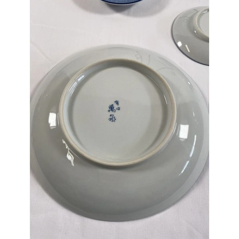 Lot of 6 Arita Mansen-style Blue White flower Textured Plate Porcelain Japan